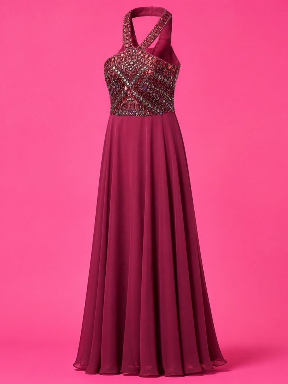 Clarisse Burgundy Chiffon Beaded Bodice Halter Neck Gown Size 0 Style 4067
